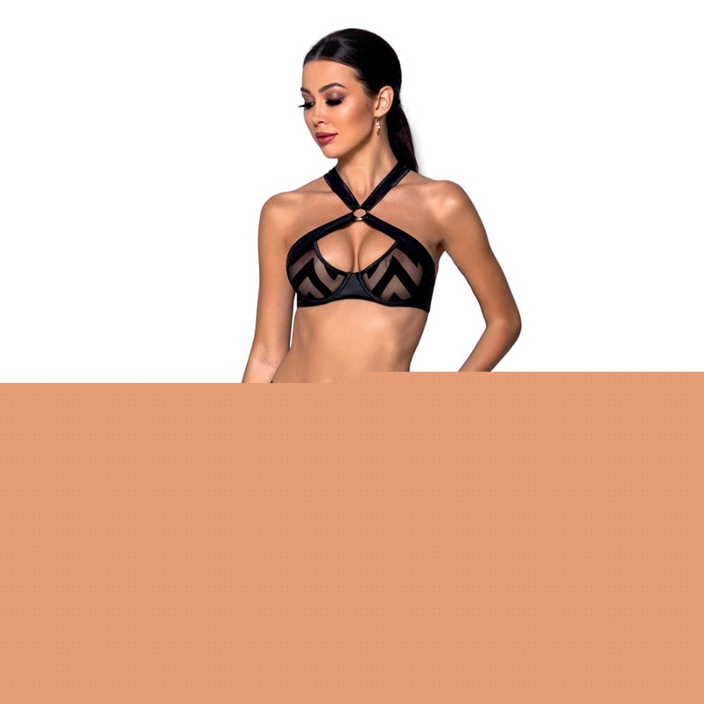 Сітчастий набір з візерунком Passion HIMA SET L/XL, Black, бюстгальтер, трусики, пояс для панчіх - зображення 1