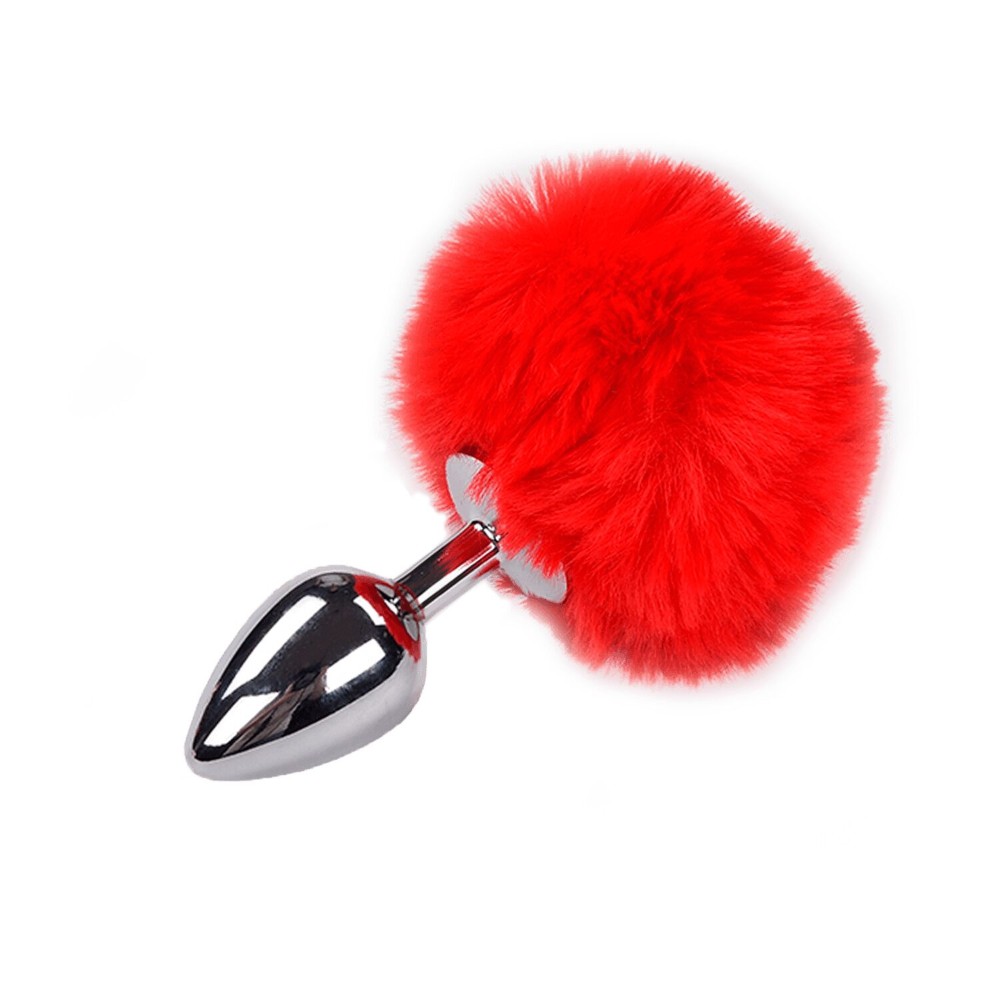 Металева анальна пробка Кролячий хвостик Alive Fluffy Plug M Red, діаметр 3,4 см - зображення 1