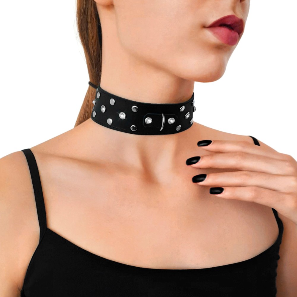 Нашийник з натуральної шкіри із заклепками та стразами Art of Sex - Jenna Collar, Чорний - зображення 1