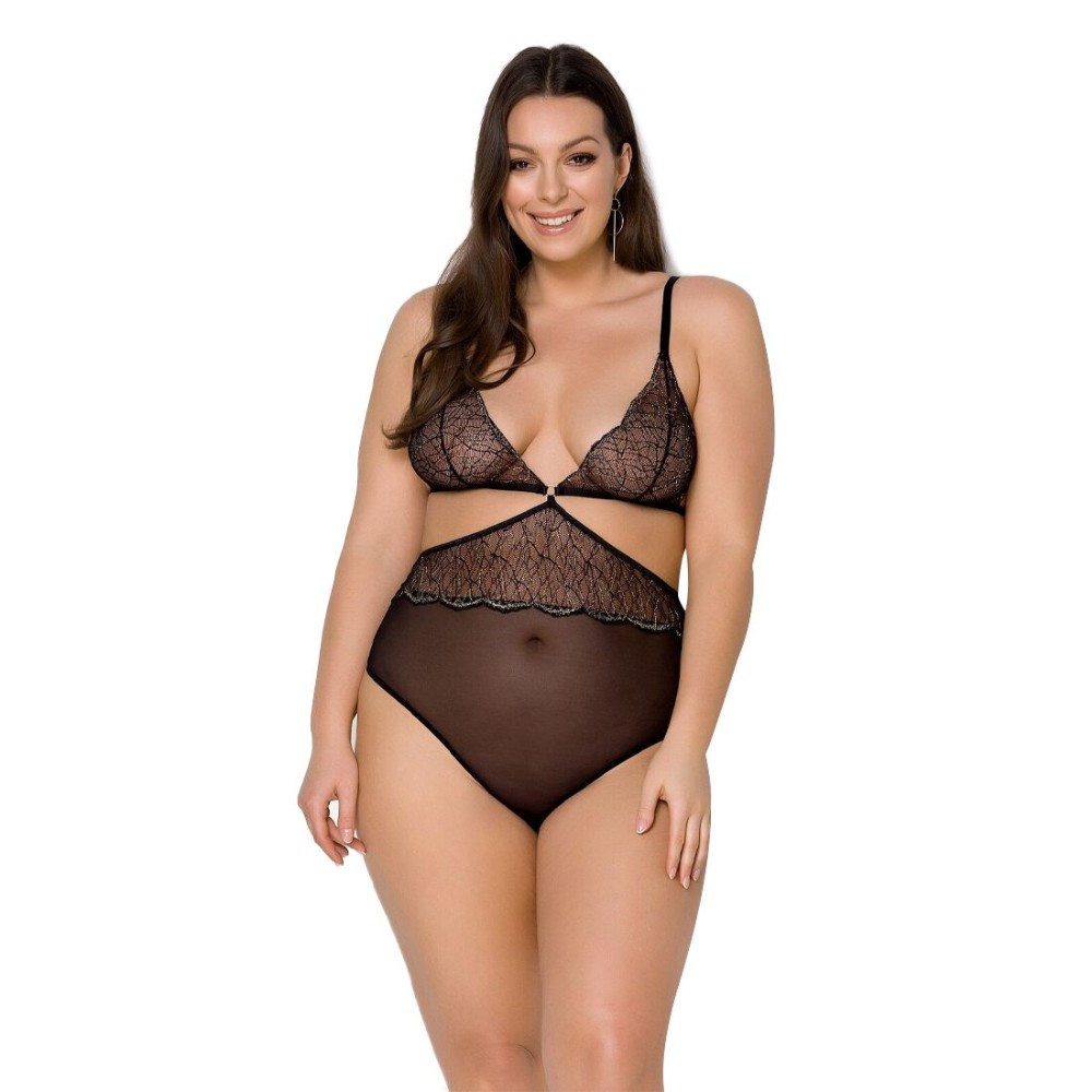 Боді Passion AMBERLY BODY 6XL/7XL black, асиметричний крій, мереживний ліф, золота нитка - зображення 1
