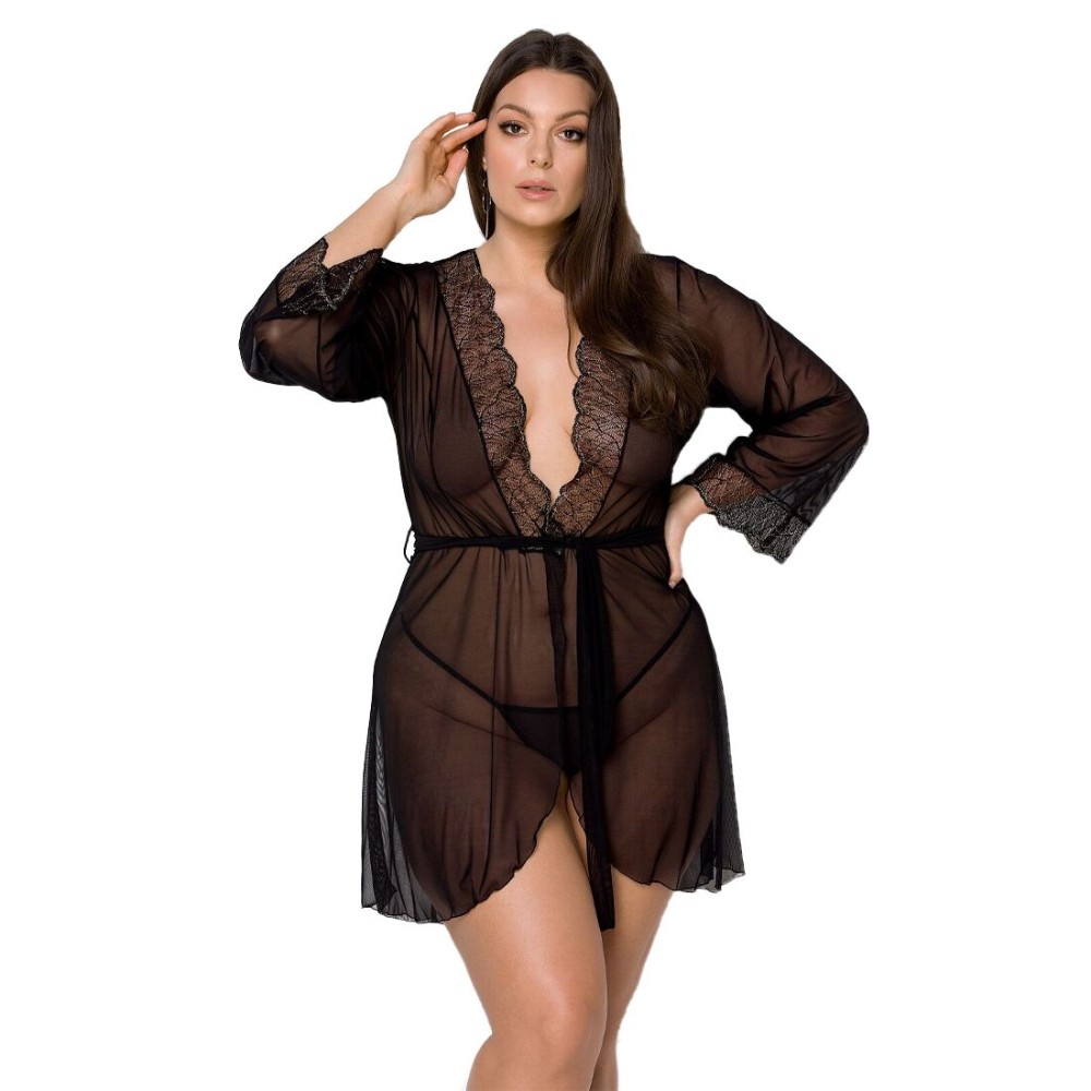 Пеньюар Passion AMBERLY PEIGNOIR 6XL/7XL, black, ажурні декольте та манжети, широкі рукави - зображення 1