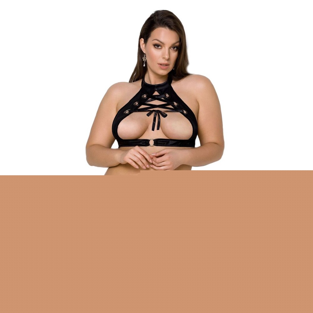 Комплект із екошкіри Passion MALWIA SET with Open Bra 4XL/5XL black, топ та трусики з люверсами - зображення 1