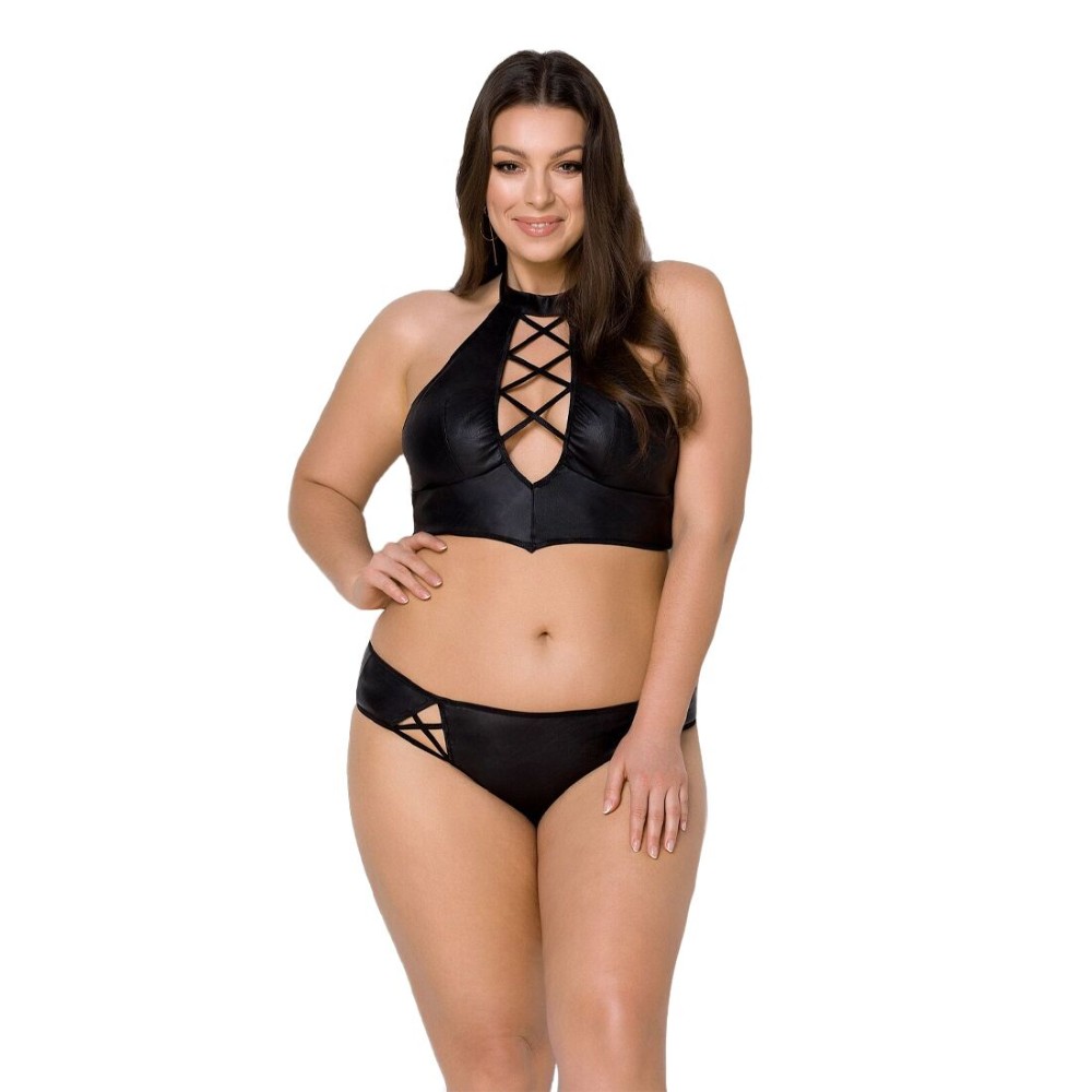 Комплект з екошкіри Passion NANCY BIKINI 4XL/5XL black, бра та трусики з імітацією шнурівки - зображення 1