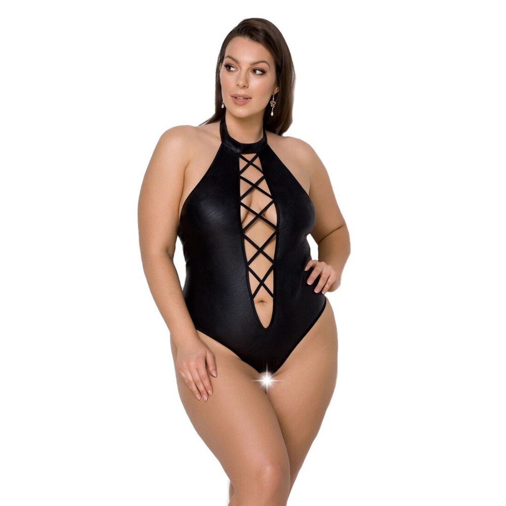 Боді з екошкіри Passion NANCY BODY 4XL/5XL black, з імітацією шнурівки та відкритим доступом - зображення 1