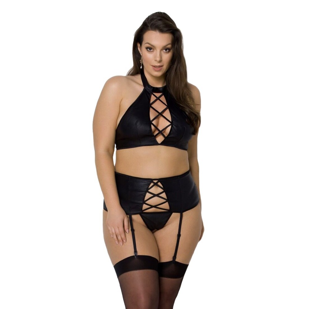 Комплект із екошкіри Passion NANCY SET 6XL/7XL black, імітація шнурівки, топ, пояс для панчіх - зображення 1