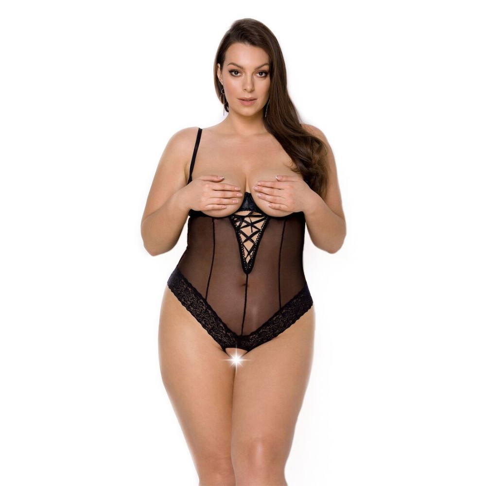 Боді Passion Exclusive NORTH BODY 6XL/7XL black, відкриті груди, з доступом, вініл та мережива - зображення 1