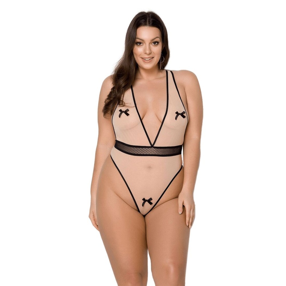 Боді Passion VIENA BODY 6XL/7XL, beige, контрастне, бантики, вставка-сітка, відкриті сідниці - зображення 1