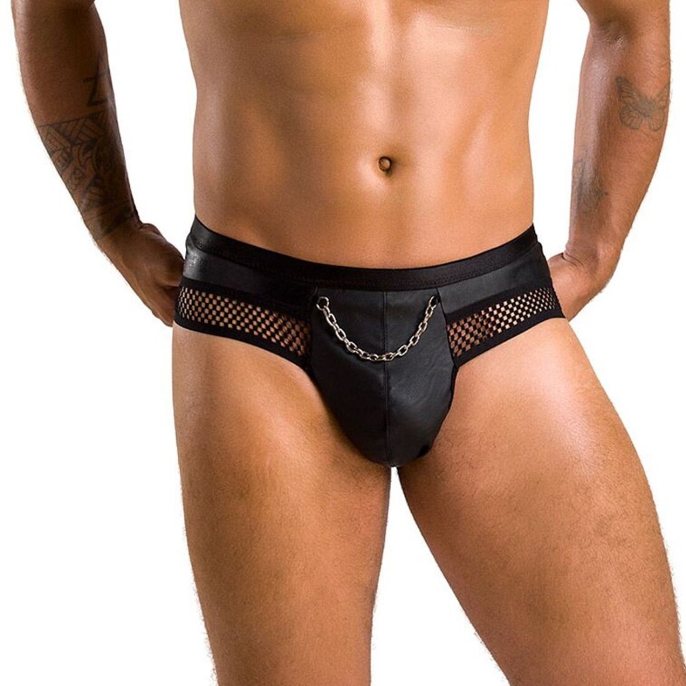 Чоловічі труси з ланцюжком Passion 030 SLIP TOM XXL/XXXL Black, екошкіра, відкриті сідниці - зображення 1