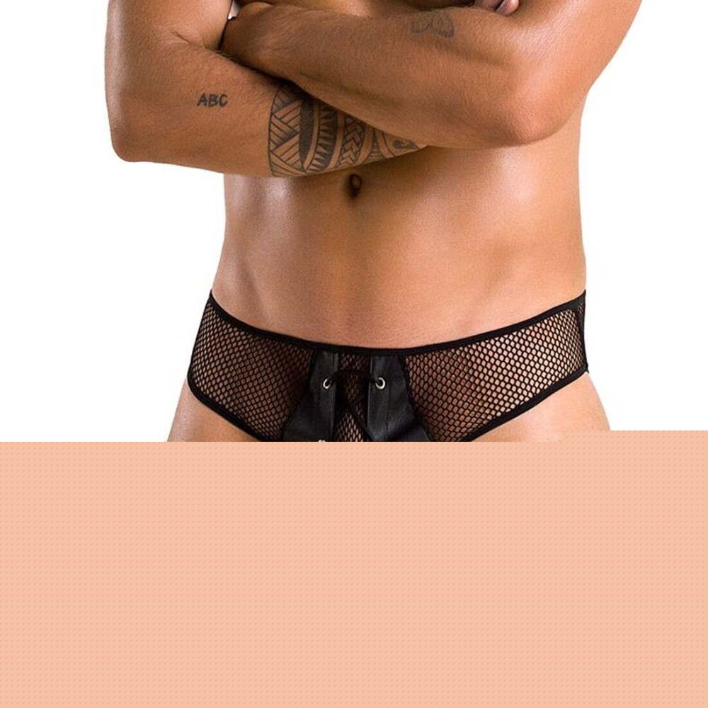 Чоловічі труси зі шнурівкою Passion 035 SLIP RICHARD S/M Black, екошкіра, сітка - зображення 1