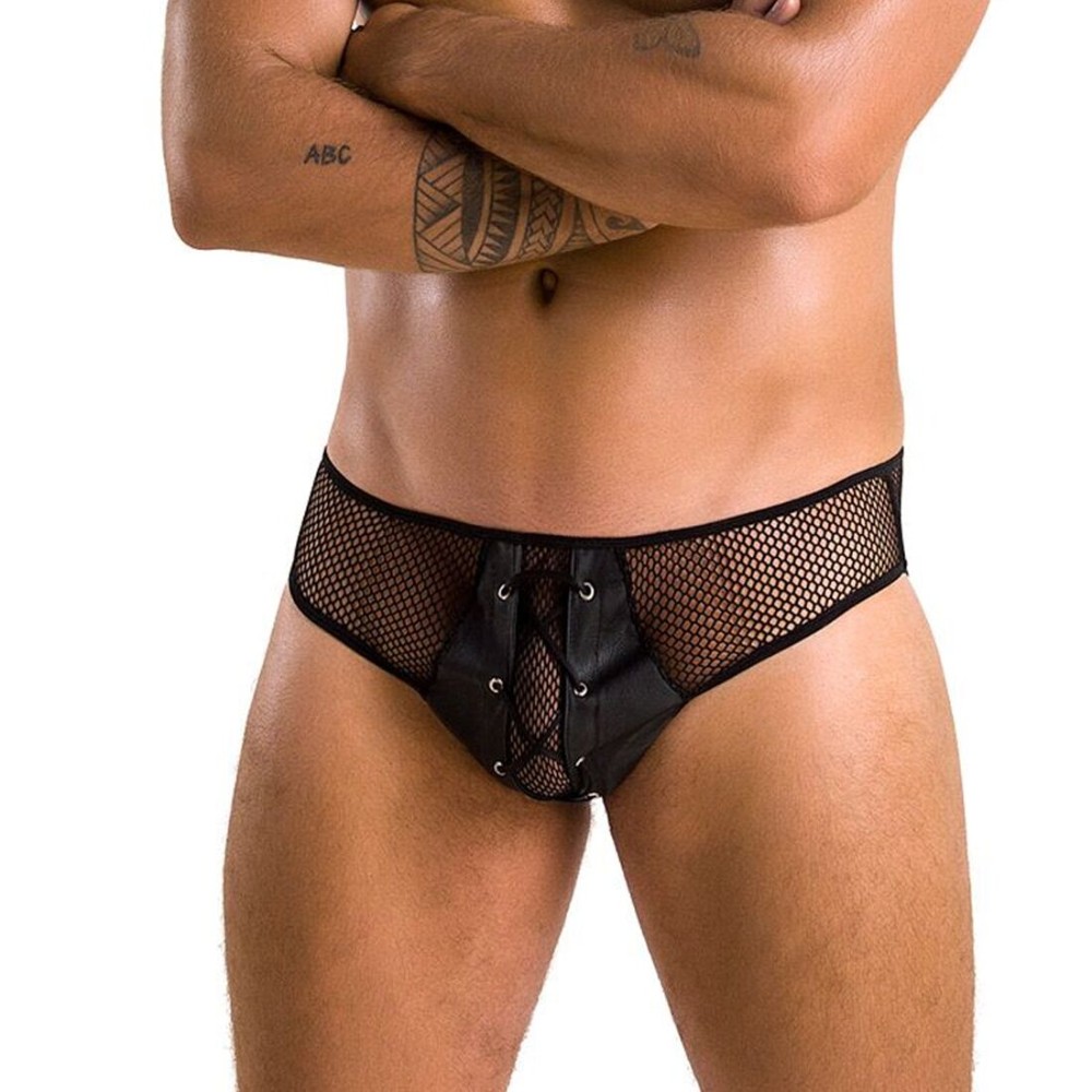 Чоловічі труси зі шнурівкою Passion 035 SLIP RICHARD XXL/XXXL Black, екошкіра, сітка - зображення 1