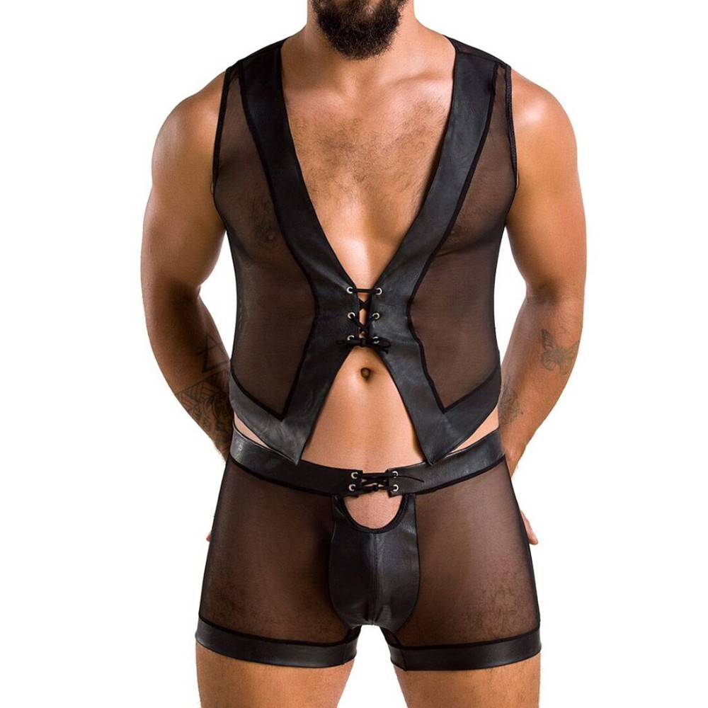 Комплект чоловічої білизни на шнурівці Passion 053 SET WILLIAM L/XL Black, жилет, боксери - зображення 1