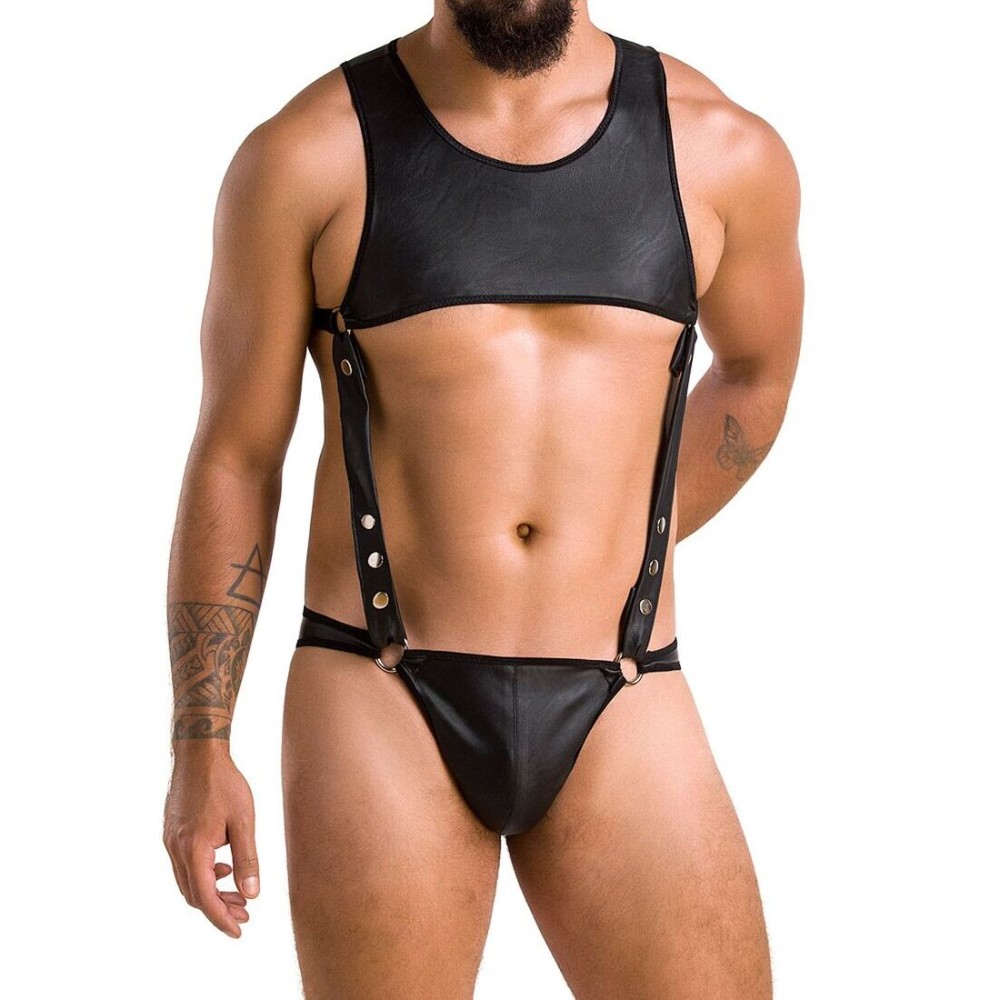 Чоловіче шкіряне боді Passion 056 ADAM S/M Black, заклепки - зображення 1