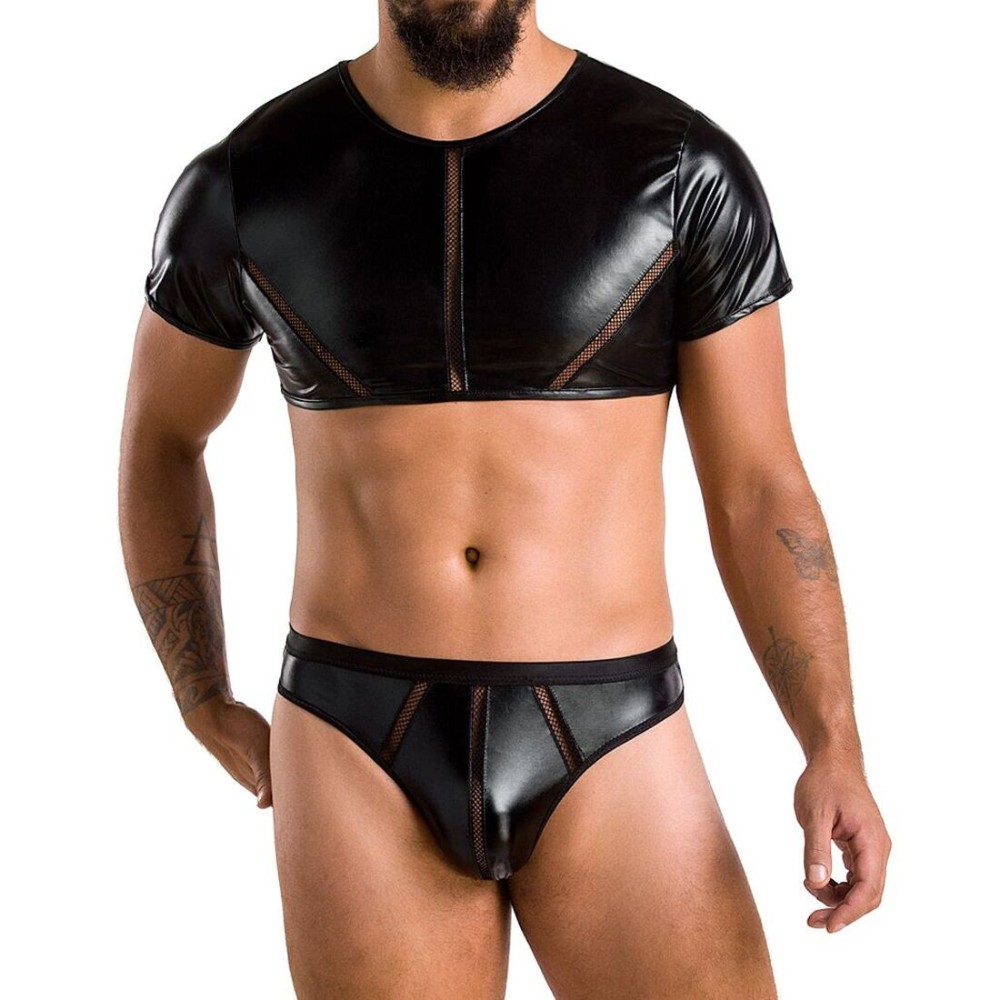 Комплект чоловічої білизни під латекс Passion 057 SET PETER L/XL Black, кроп-топ, стринги - зображення 1