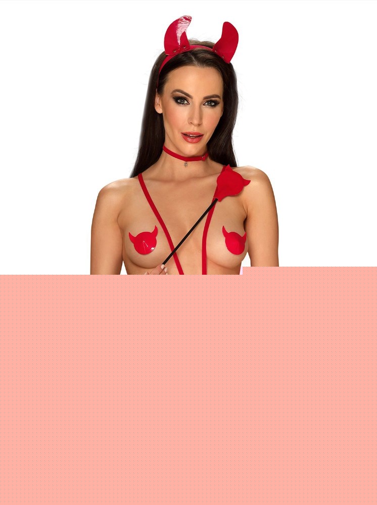Еротичний костюм чортика зі стреп Obsessive Evilia teddy red S/M, боді, чокер, накладки на соски, обруч з ріжками - зображення 1