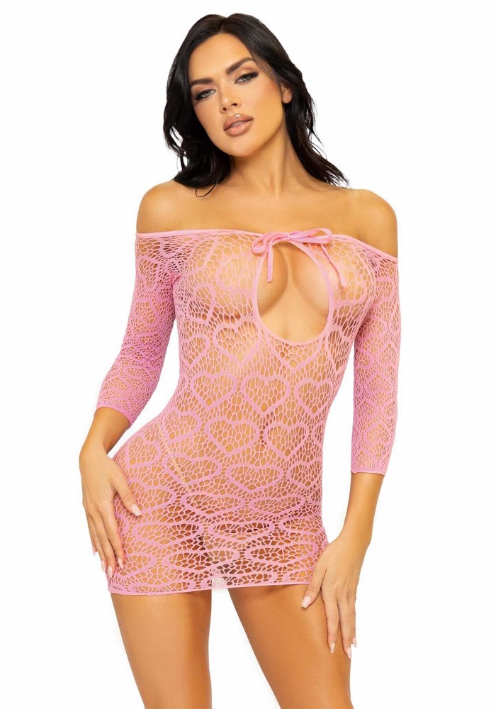 Сукня-сітка з сердечками Leg Avenue Heart net mini dress Pink, зав’язки, відкриті плечі, one size - зображення 1