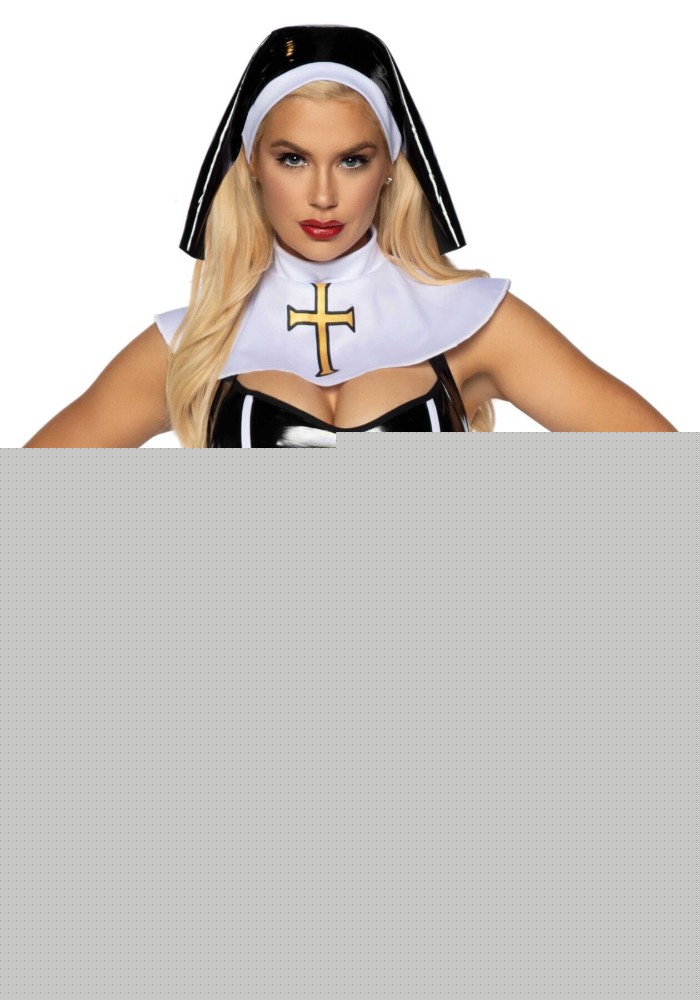 Вініловий костюм черниці Leg Avenue Sinful Sister M, комбінезон, комір, пояс, головний убір - зображення 1