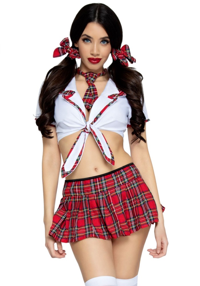 Костюм школярки Leg Avenue Miss Prep School S/M, топ, спідниця, краватка, бантики - зображення 1