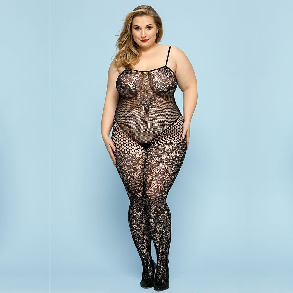 Відвертий бодістокінг JSY «Фатальна Скарлет» Plus Size, Black, імітація боді, мереживо, доступ - зображення 1