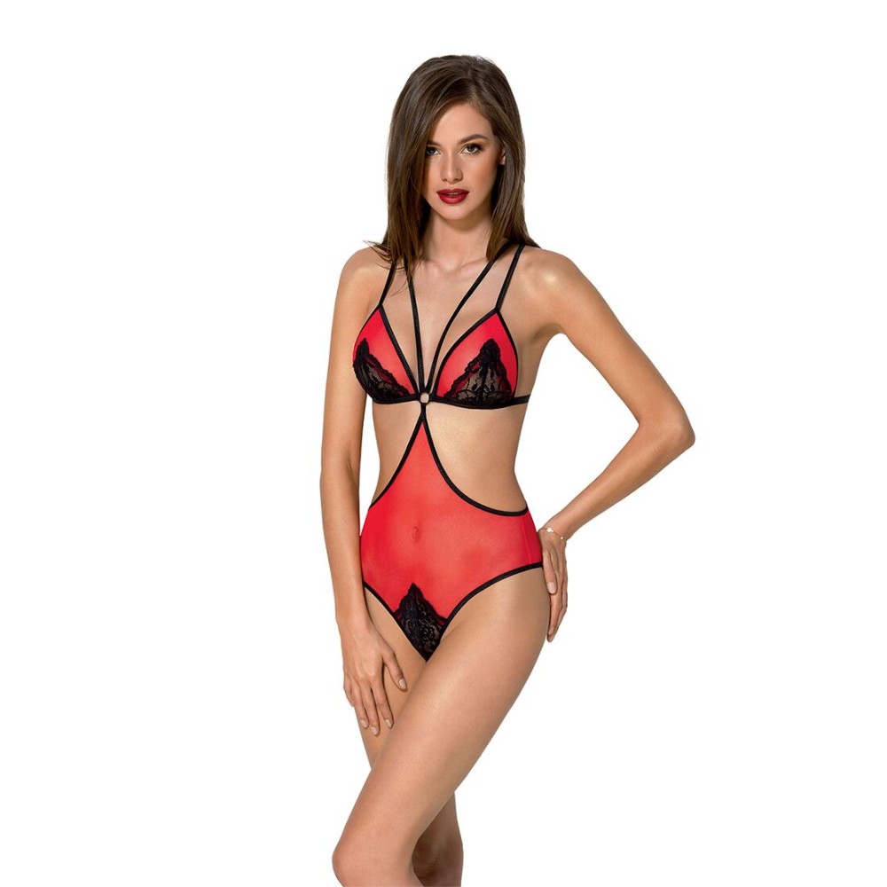 Напівпрозоре боді з мереживом Passion PEONIA BODY S/M red - зображення 1