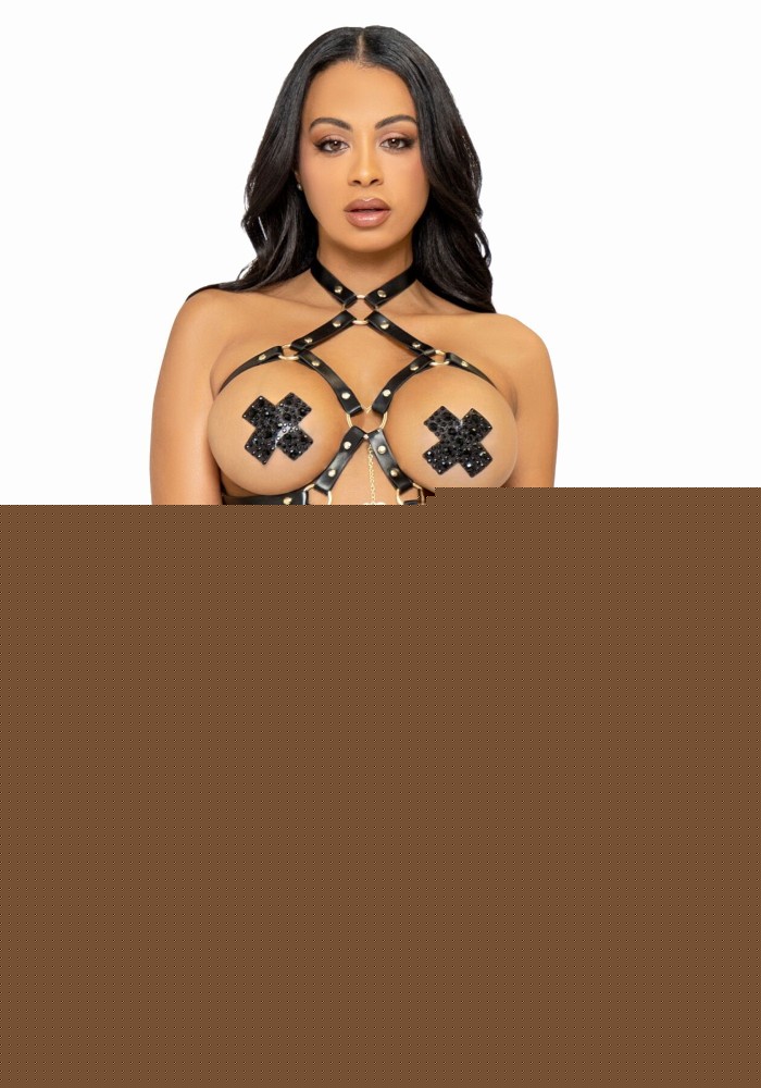 Портупея-тедді з екошкіри Leg Avenue Heart ring harness teddy L, Black, підвіска-сердечко, ланцюги - зображення 1