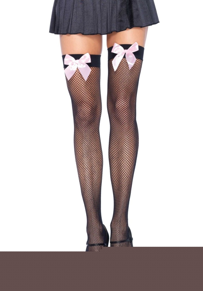 Панчохи-сітка з атласним бантиком Leg Avenue Fishnet Thigh Highs One size, Black With Bow Pink - зображення 1
