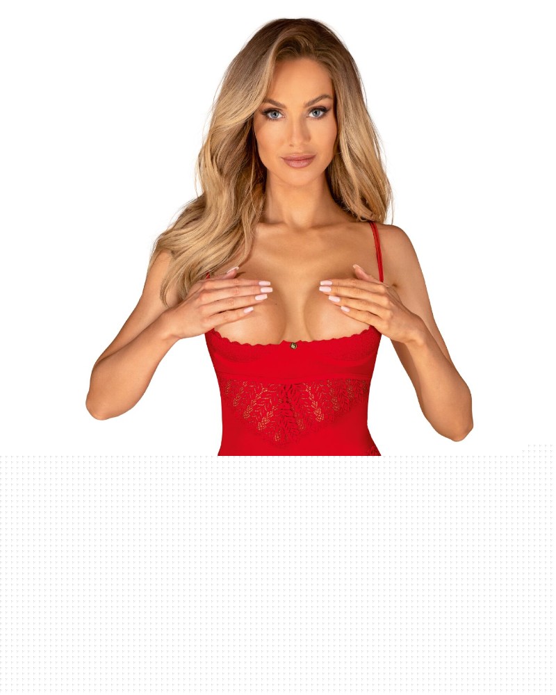 Боді з доступом Obsessive Ingridia crotchless teddy XS/S, червоне, відкриті груди - зображення 1