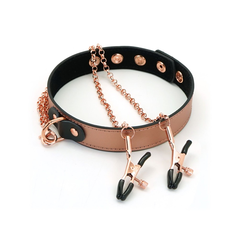 Нашийник із затискачами для сосків Liebe Seele Rose Gold Memory Collar with Nipple Clamps, шкіра - зображення 1