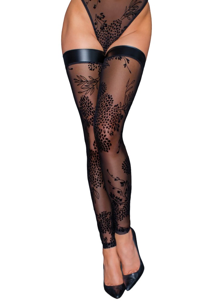 Панчохи без миска Noir Handmade F243 Tulle stockings with patterned flock embroidery, 3XL - зображення 1