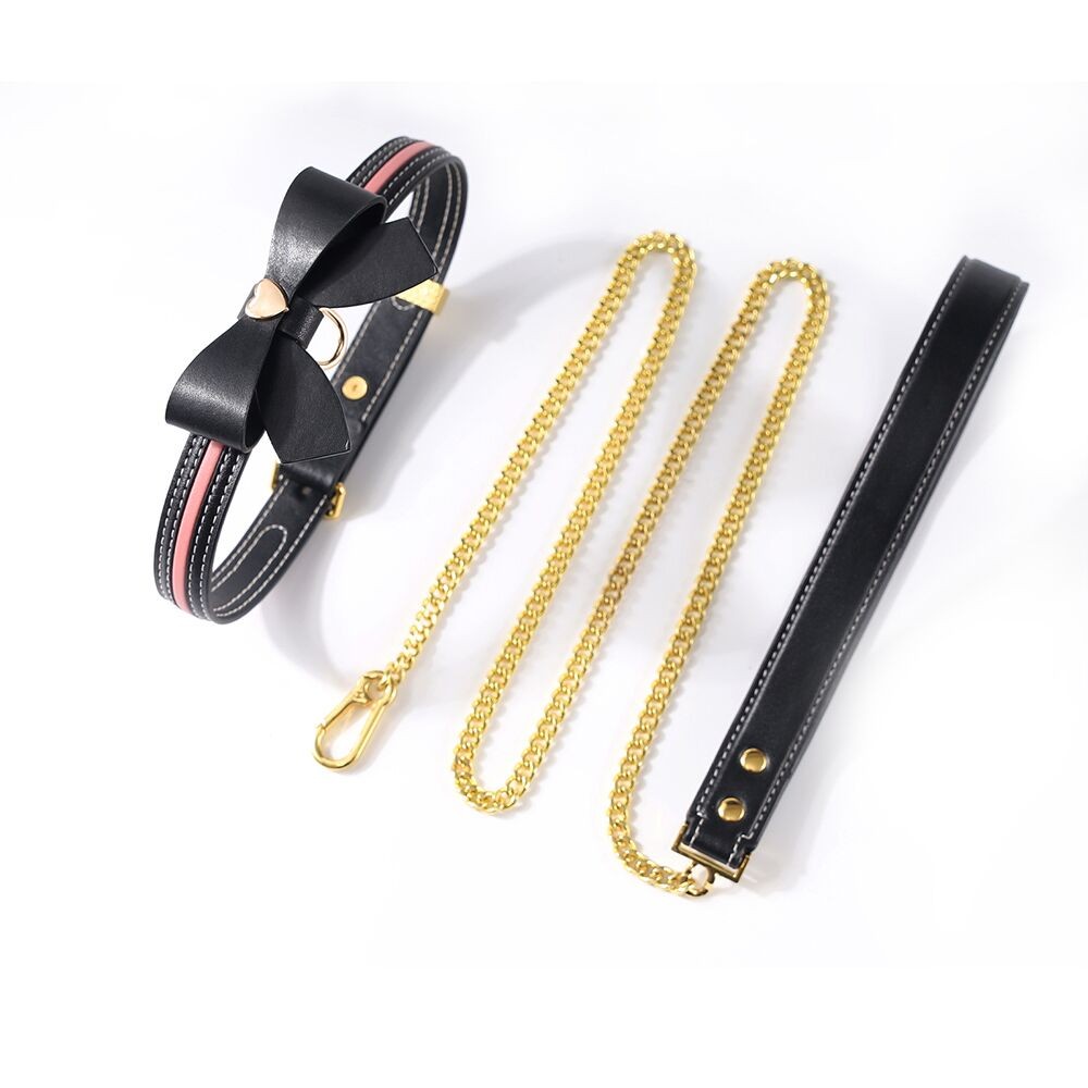 Нашийник з повідцем LOCKINK SEVANDA Love Heart Butterfly Leather Collar Set, чорно-рожевий, з бантом - зображення 1