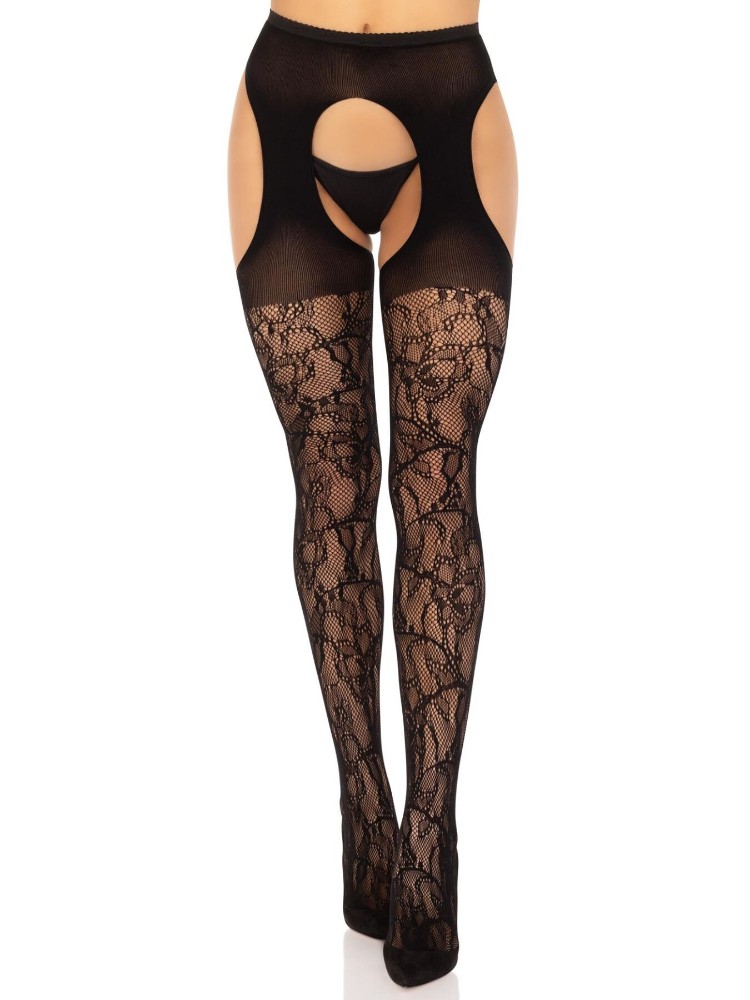 Стрип-колготки Leg Avenue Eyelet lace suspender hose, One Size, чорні, ажурні, з відкритим доступом - зображення 1
