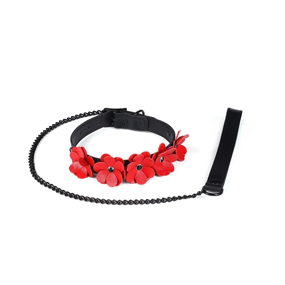 Нашийник з повідцем Liebe Seele Flower Rhythm - Black and Red Leather Flowers collar with Leash - зображення 1