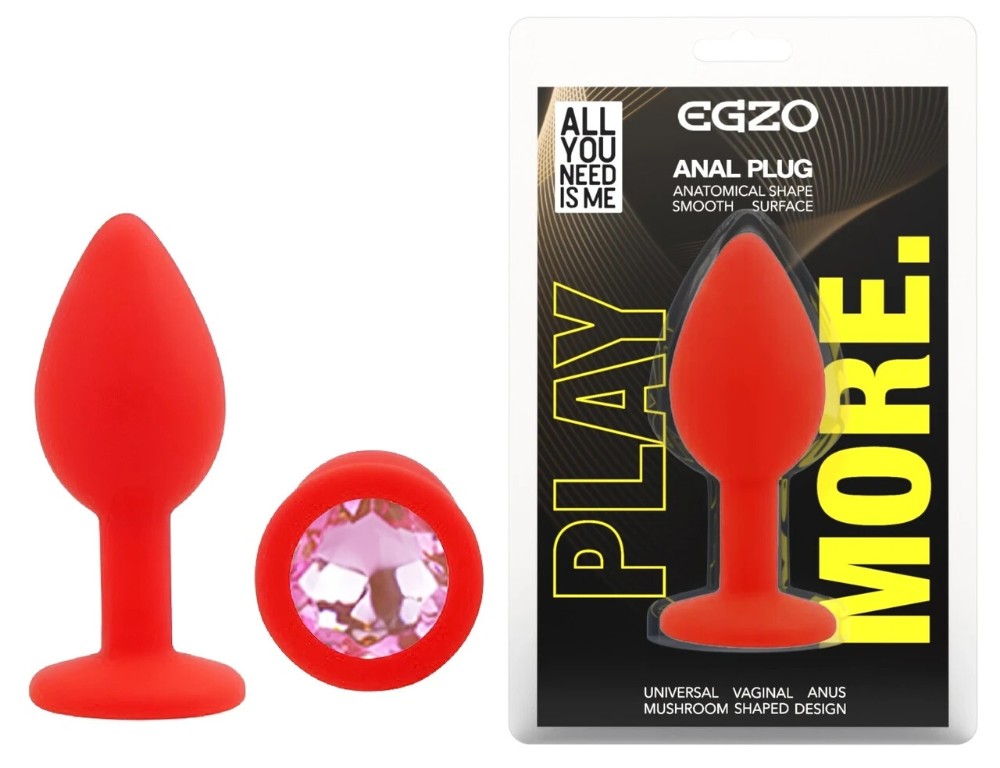 Анальная пробка EGZO Silicone Round Plug S с бирюзовым кристаллом, красная - зображення 1