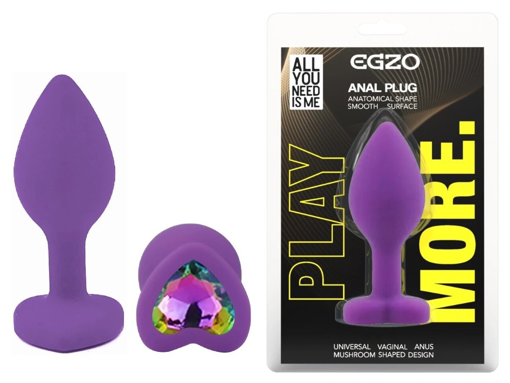 Анальная пробка EGZO Violet Heart Plug S, фиолетовая, зелёный кристалл, силиконовая - зображення 1