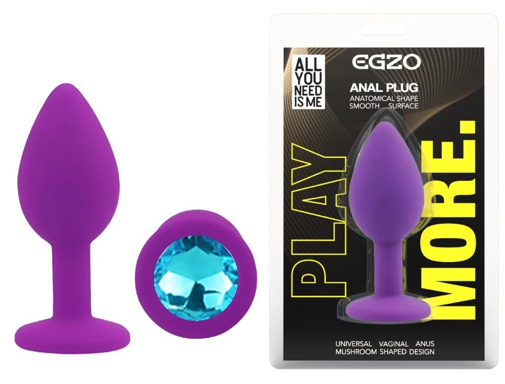 Анальная пробка EGZO Silicone Purple Aqua SFR-13S с голубым кристаллом, фиолетовая - зображення 1