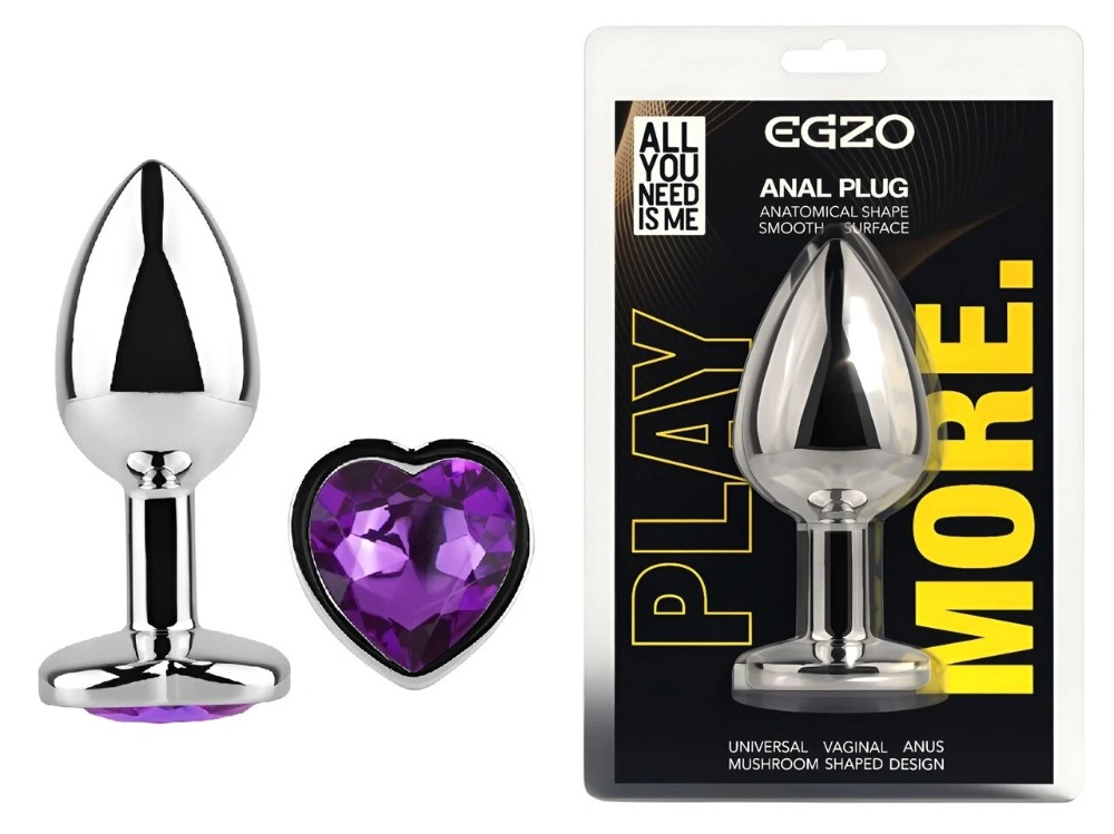 Анальная пробка EGZO Silver Heart Plug M, металлическая, с фиолетовым кристаллом - зображення 1