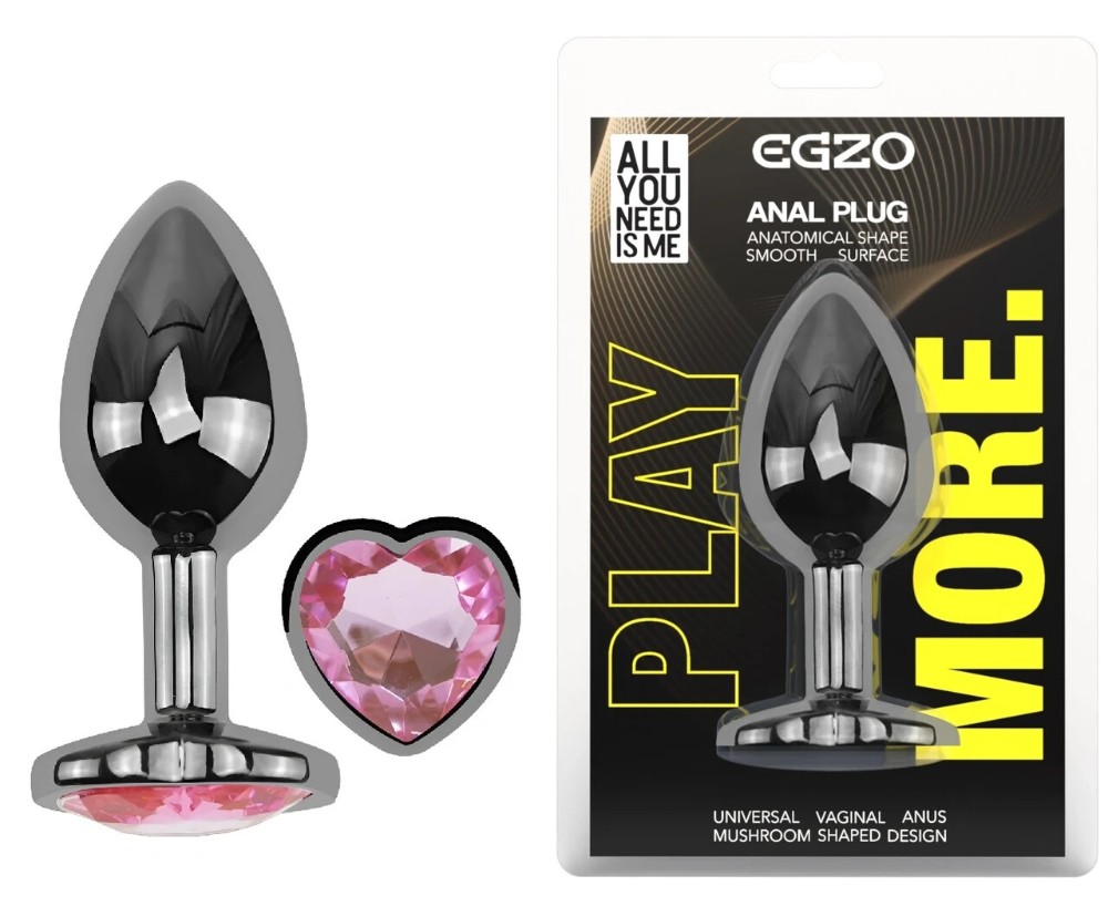 Анальная пробка EGZO Dark Silver Heart Plug M с розовым кристаллом из нержавеющей стали - зображення 1