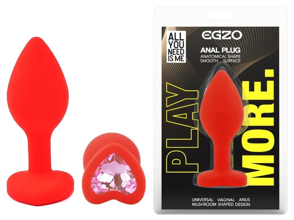 Анальная пробка EGZO Red Heart Plug S с красным кристаллом, силиконовая - зображення 1
