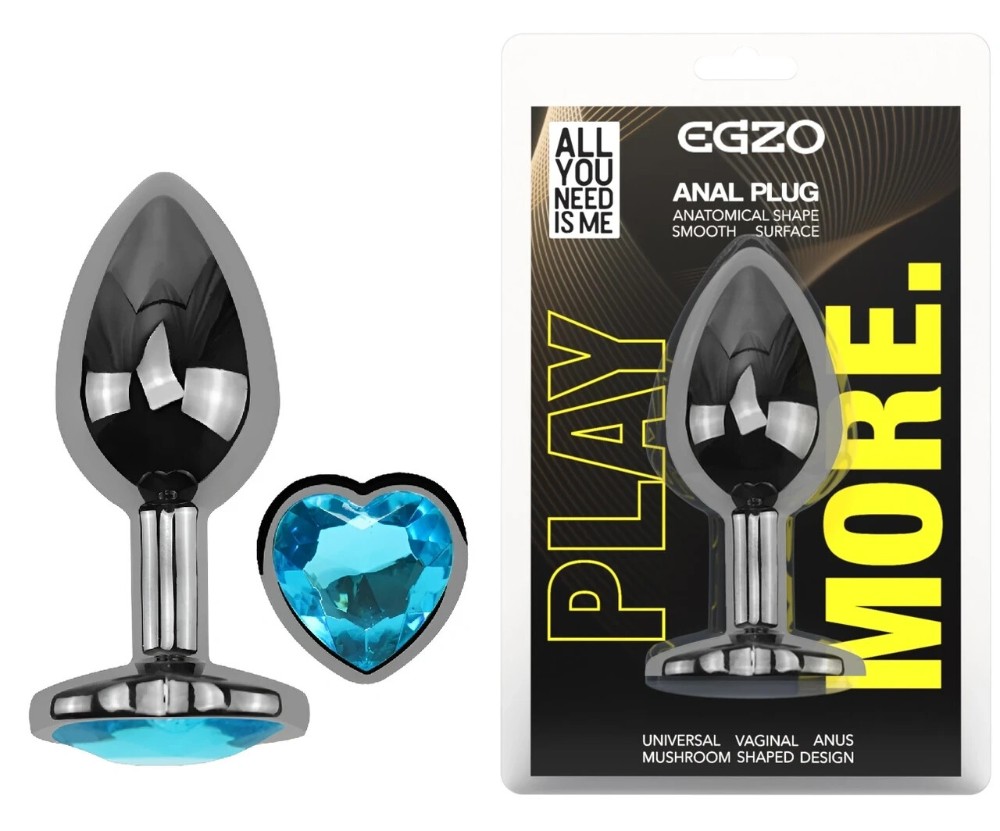 Анальная пробка EGZO Dark Silver Heart Plug Aqua M с кристаллом из медицинской стали - зображення 1