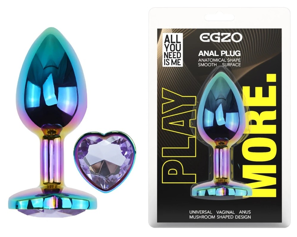Анальная пробка EGZO Multicolor Heart Plug с аметистом, радужная, размер M - зображення 1