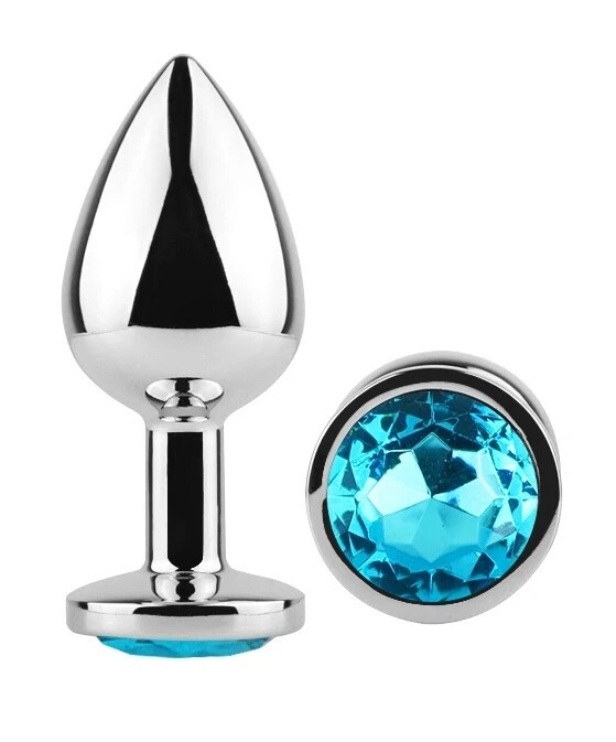Анальная пробка EGZO Silver Round Plug Aqua S из металла с голубым кристаллом - зображення 1
