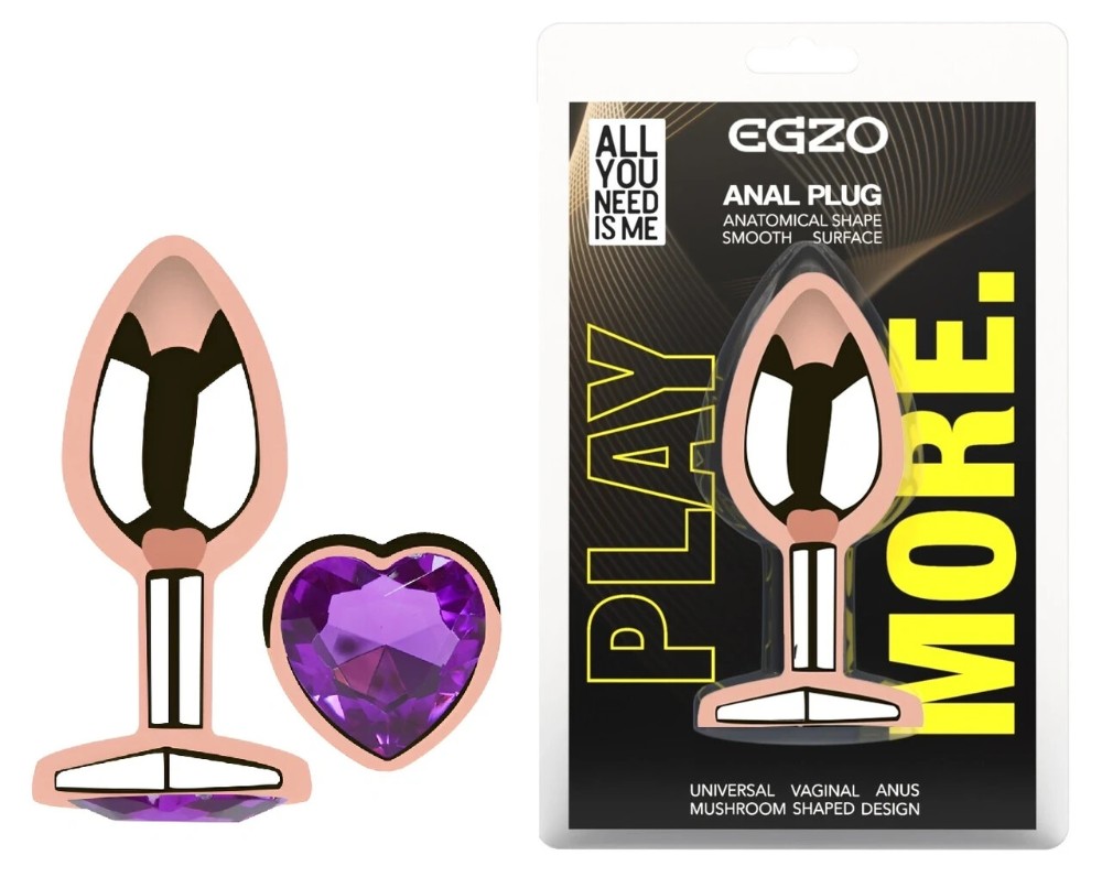 Анальная пробка металлическая EGZO Rose Gold Heart Plug S с фиолетовым кристаллом - зображення 1