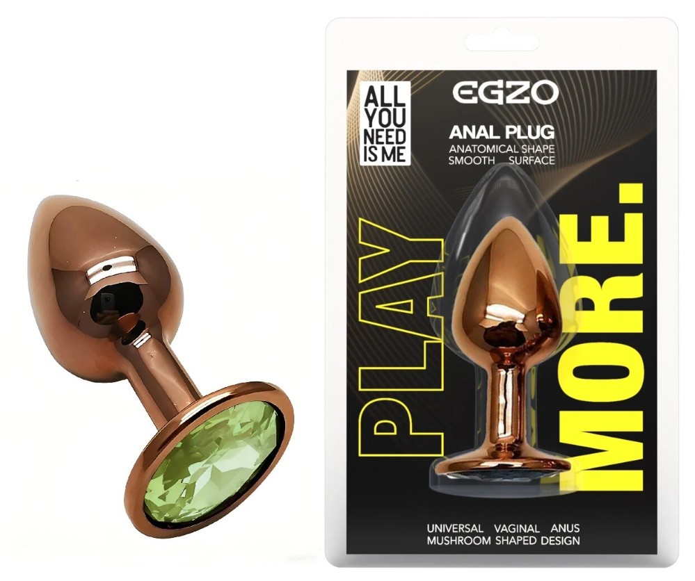 Анальный плаг EGZO Dark Gold Green S с зеленым кристаллом, металлический, анатомический - зображення 1
