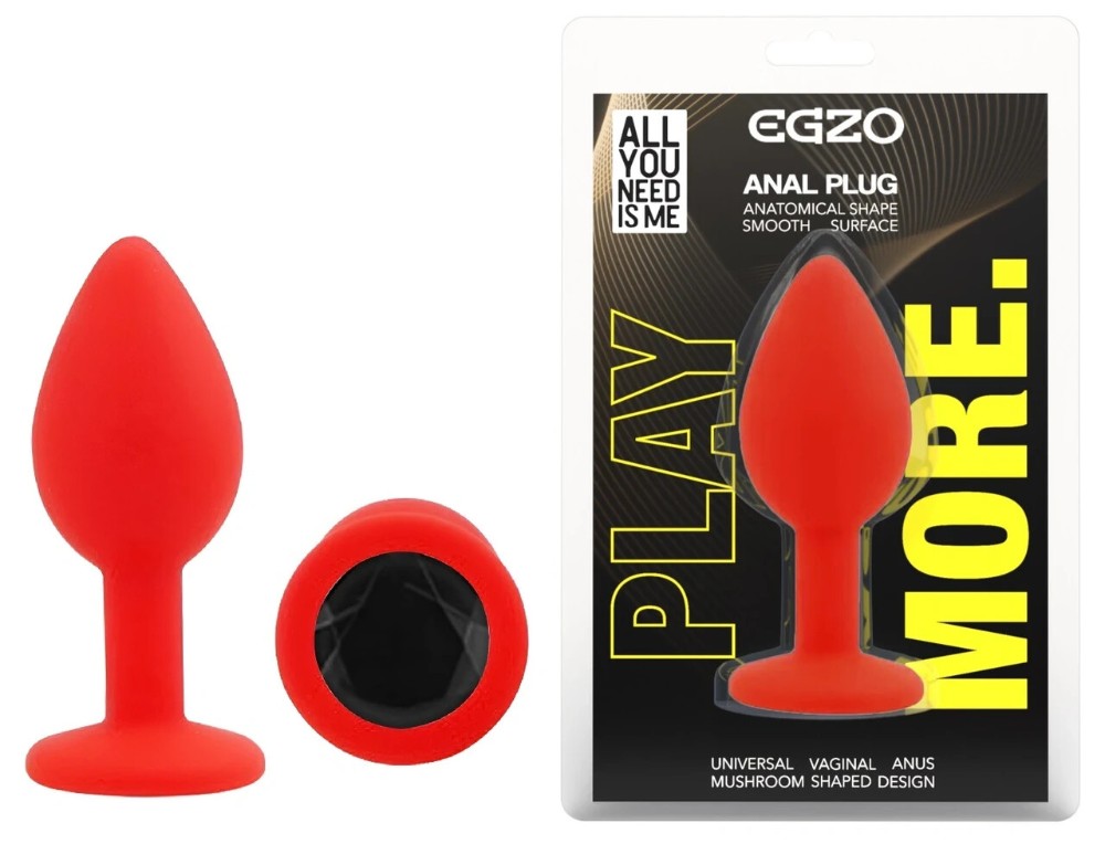 Анальная пробка EGZO Red Round Plug S с кристаллом, красная из гладкого силикона - зображення 1