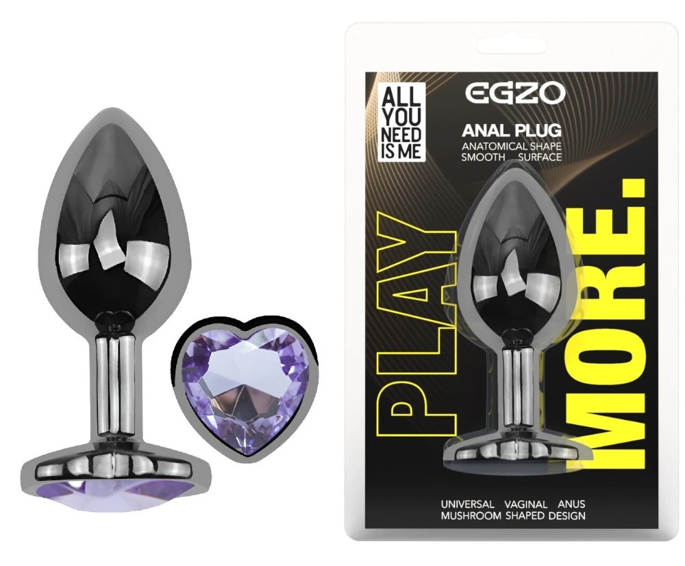 Анальная пробка EGZO Dark Silver Heart Plug с аметистовым сердцем, размер M - зображення 1