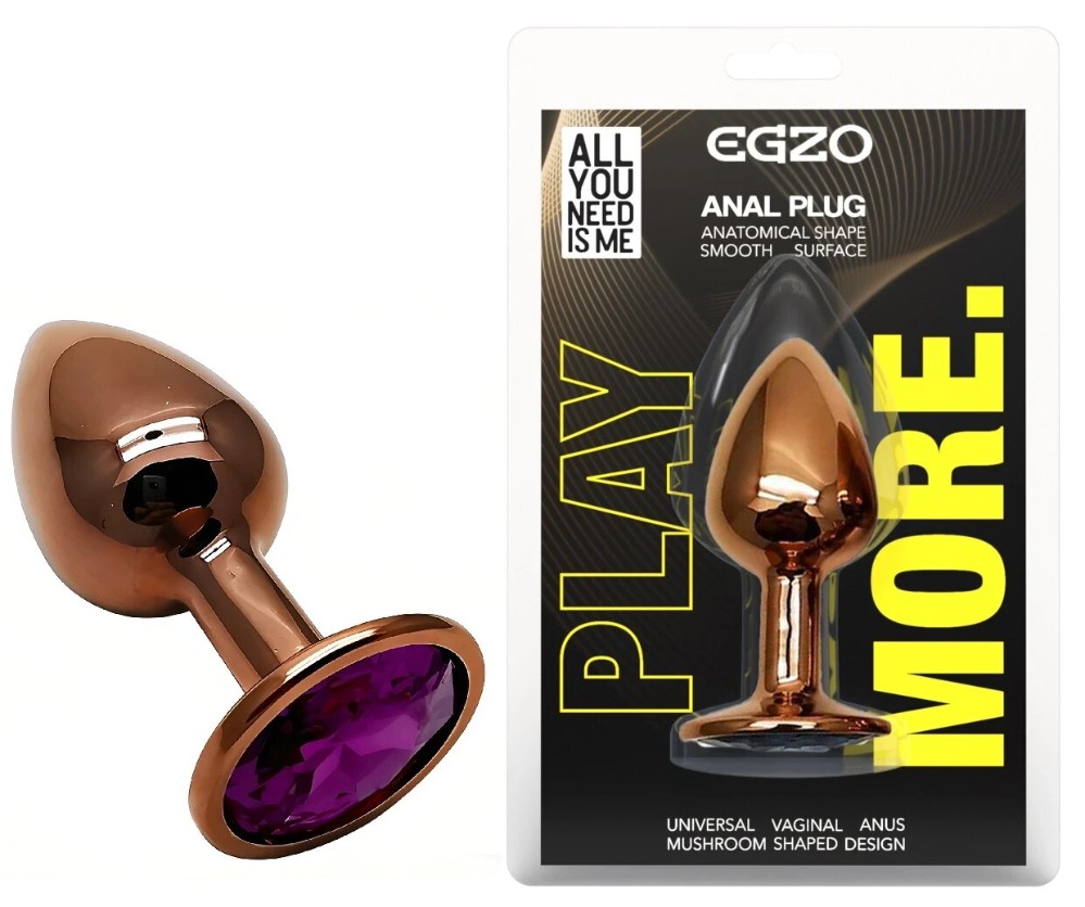 Анальная пробка EGZO Dark Gold с фиолетовым кристаллом, металлическая, размер S - зображення 1