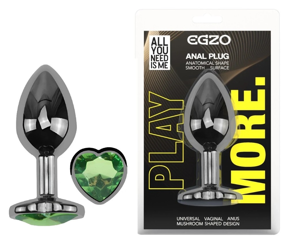 Анальная пробка EGZO Dark Silver Heart Plug Green S из стали с кристаллом - зображення 1
