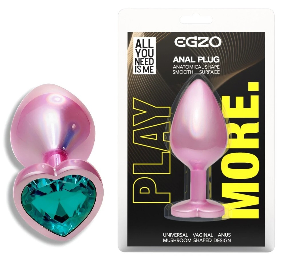 Анальная пробка EGZO Pink Perl Heart Plug S с бирюзовым кристаллом, металлическая - зображення 1