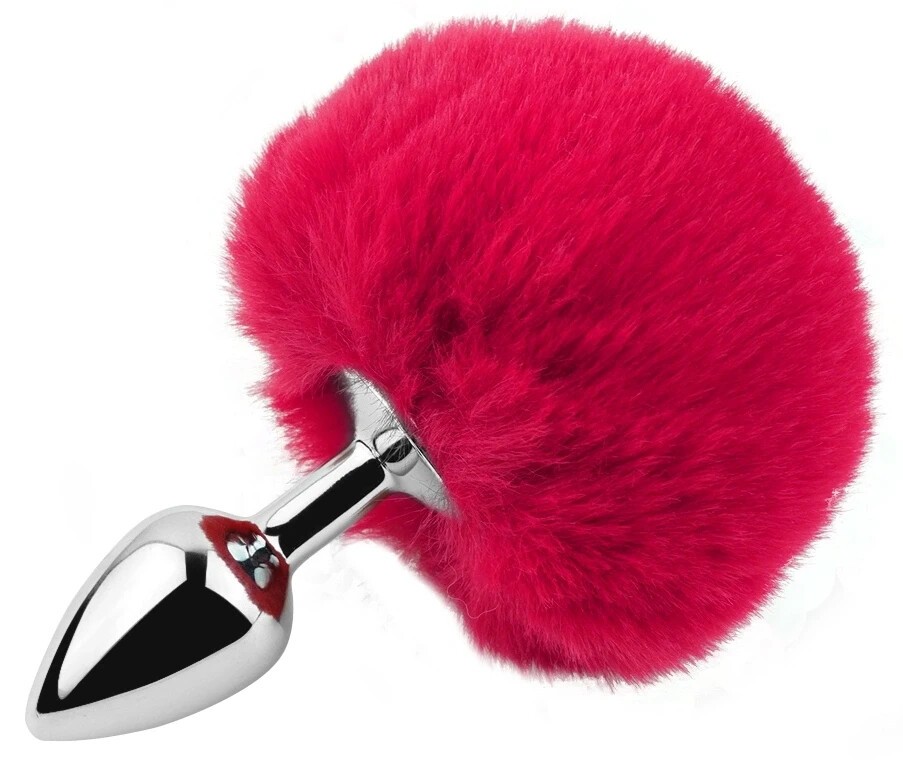 Анальная пробка EGZO Bunny Tail Silver Plug S с пушистым хвостиком, малиновая - зображення 1