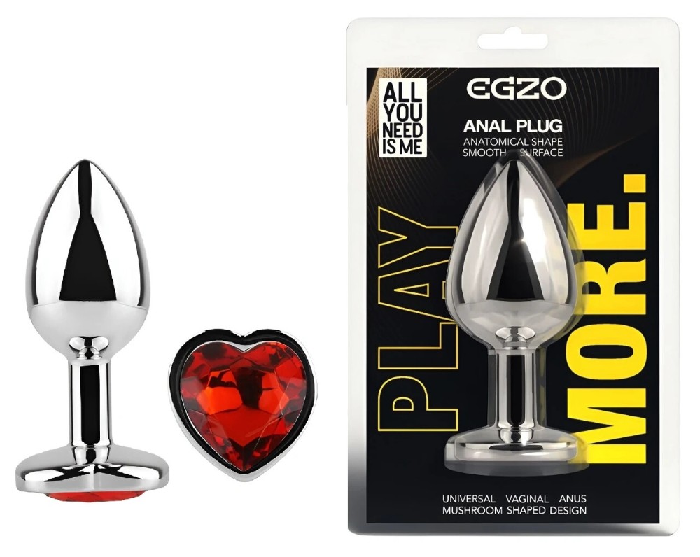 Анальная пробка EGZO Silver Heart Plug S с красным кристаллом, металлическая - зображення 1