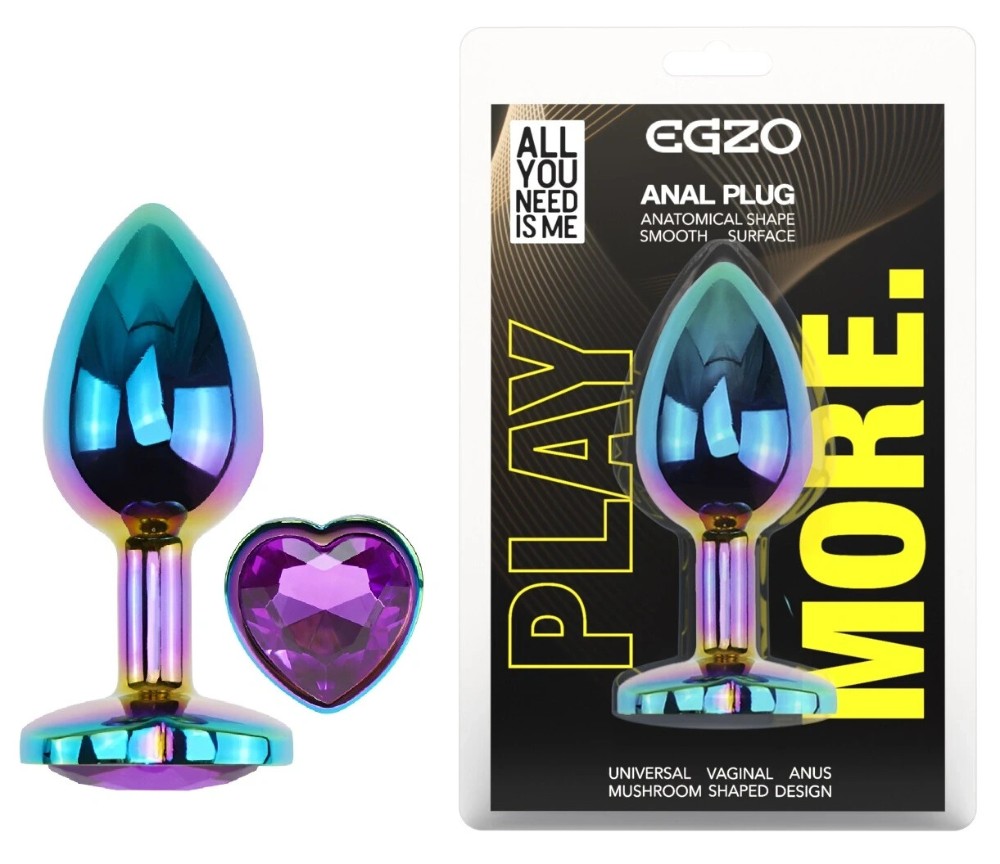 Анальная пробка EGZO Multicolor Heart металлическая с кристаллом, радужная, размер S - зображення 1